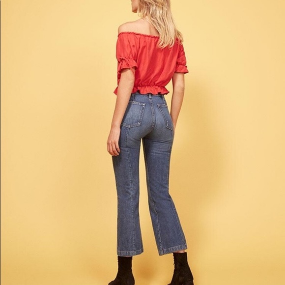 Reformation Green Top and Blue Jeans - Picture 3 of 5